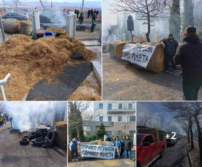Άχυρα και σανό πέταξαν σήμερα  Αγρότες από το μπλόκο του Φιλώτα Φλώρινας στην είσοδο του κτηρίου της Περιφέρειας Δυτικής Μακεδονίας, στην Κοζάνη, σε ένδειξη διαμαρτυρίας