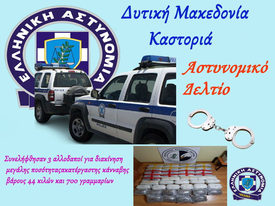  Συνελήφθησαν 3 αλλοδαποί για διακίνηση μεγάλης ποσότητας ακατέργαστης κάνναβης, βάρους 44 κιλών και 700 γραμμαρίων, από αστυνομικούς της Διεύθυνσης Αστυνομίας Καστοριάς 