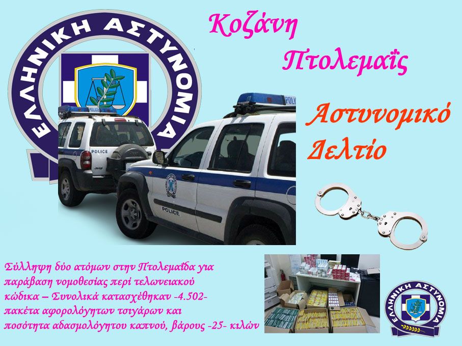Σύλληψη δύο ατόμων στην Πτολεμαΐδα για παράβαση νομοθεσίας περί τελωνειακού κώδικα – Συνολικά κατασχέθηκαν -4.502- πακέτα αφορολόγητων τσιγάρων και ποσότητα αδασμολόγητου καπνού, βάρους -25- κιλών